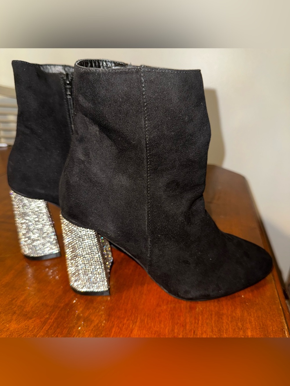 New Black Faux Suede Ankle Boots with Crystal Block Heel